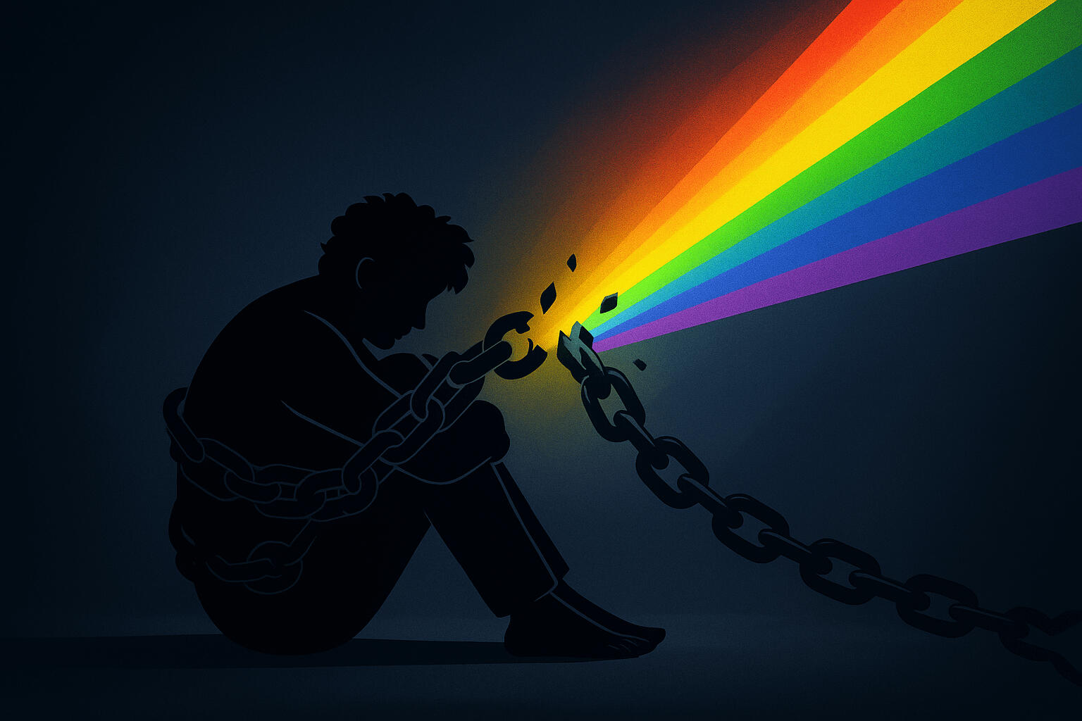 Illustration of a person breaking chains, with rainbow light shining through, symbolizing freedom and equality